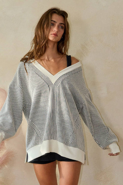 BUCKELIST Striped V Neck Contrast Detail Two Tone Ribbed V-neck Top