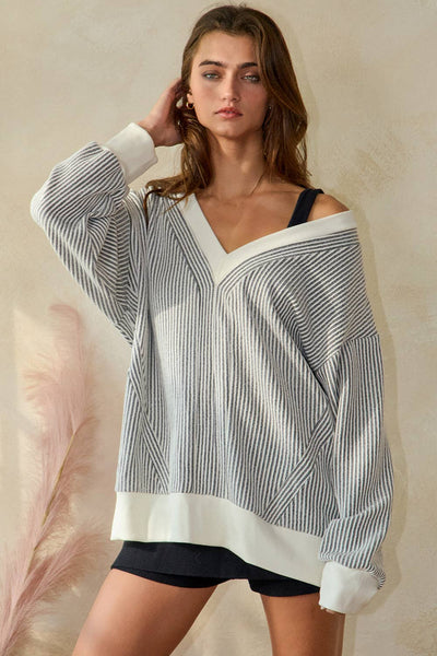 BUCKELIST Striped V Neck Contrast Detail Two Tone Ribbed V-neck Top