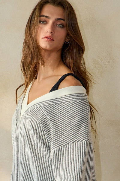 BUCKELIST Striped V Neck Contrast Detail Two Tone Ribbed V-neck Top