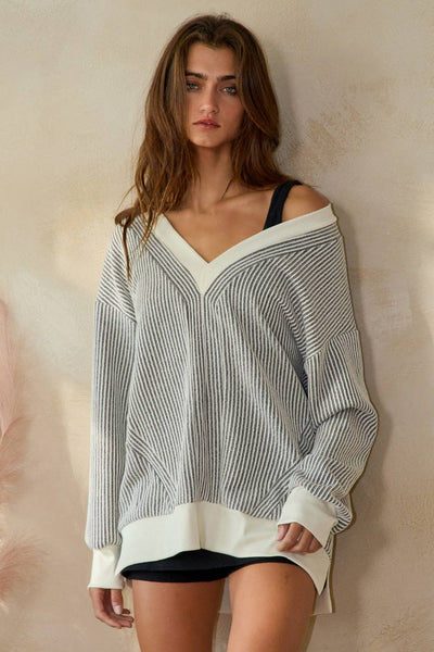 BUCKELIST Striped V Neck Contrast Detail Two Tone Ribbed V-neck Top