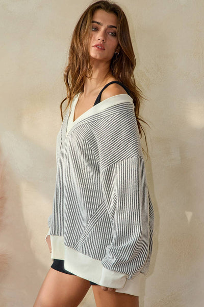 BUCKELIST Striped V Neck Contrast Detail Two Tone Ribbed V-neck Top