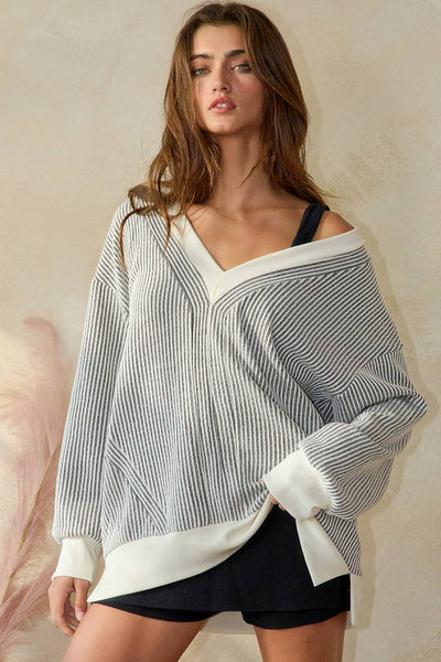 BUCKELIST Striped V Neck Contrast Detail Two Tone Ribbed V-neck Top