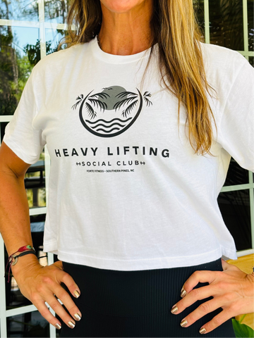 HEAVY LIFTING 25' CROP T-SHIRT: White