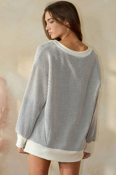 BUCKELIST Striped V Neck Contrast Detail Two Tone Ribbed V-neck Top