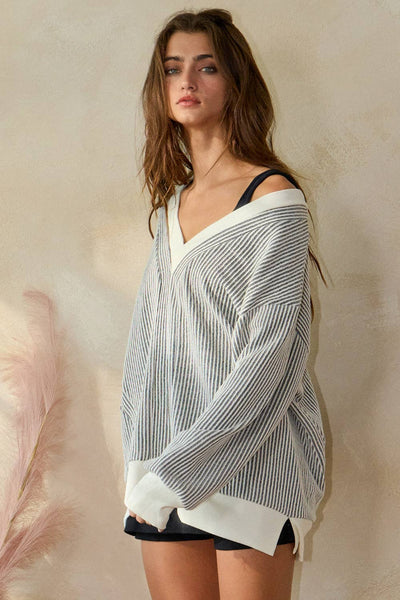 BUCKELIST Striped V Neck Contrast Detail Two Tone Ribbed V-neck Top
